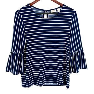 Chicos Sz Small 0 Navy Blue White Bell Sleeve Nautical Blouse Shirt Top Tropical